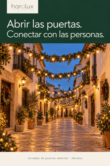 Diseño editorial de las jornadas de puertas abiertas de Harolux con iluminación cálida