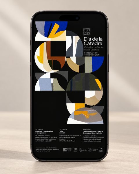 Aplicación del cartel del Día de la Catedral de Cuenca 2026 en un teléfono móvil.