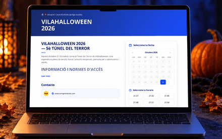 Montaje de la landing de VilaHalloween 2026 en un ordenador portátil con calendario y pases