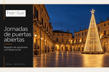 Composición editorial de Harolux Iluminación y el registro de sus jornadas de puertas abiertas