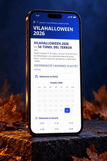 Montaje móvil de VilaHalloween 2026 con descripción en catalán y calendario de reserva
