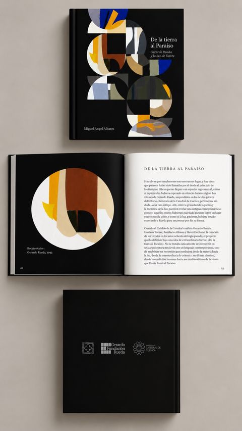 Diseño editorial del libro De la tierra al Paraíso: cubierta, doble página interior y contracubierta.